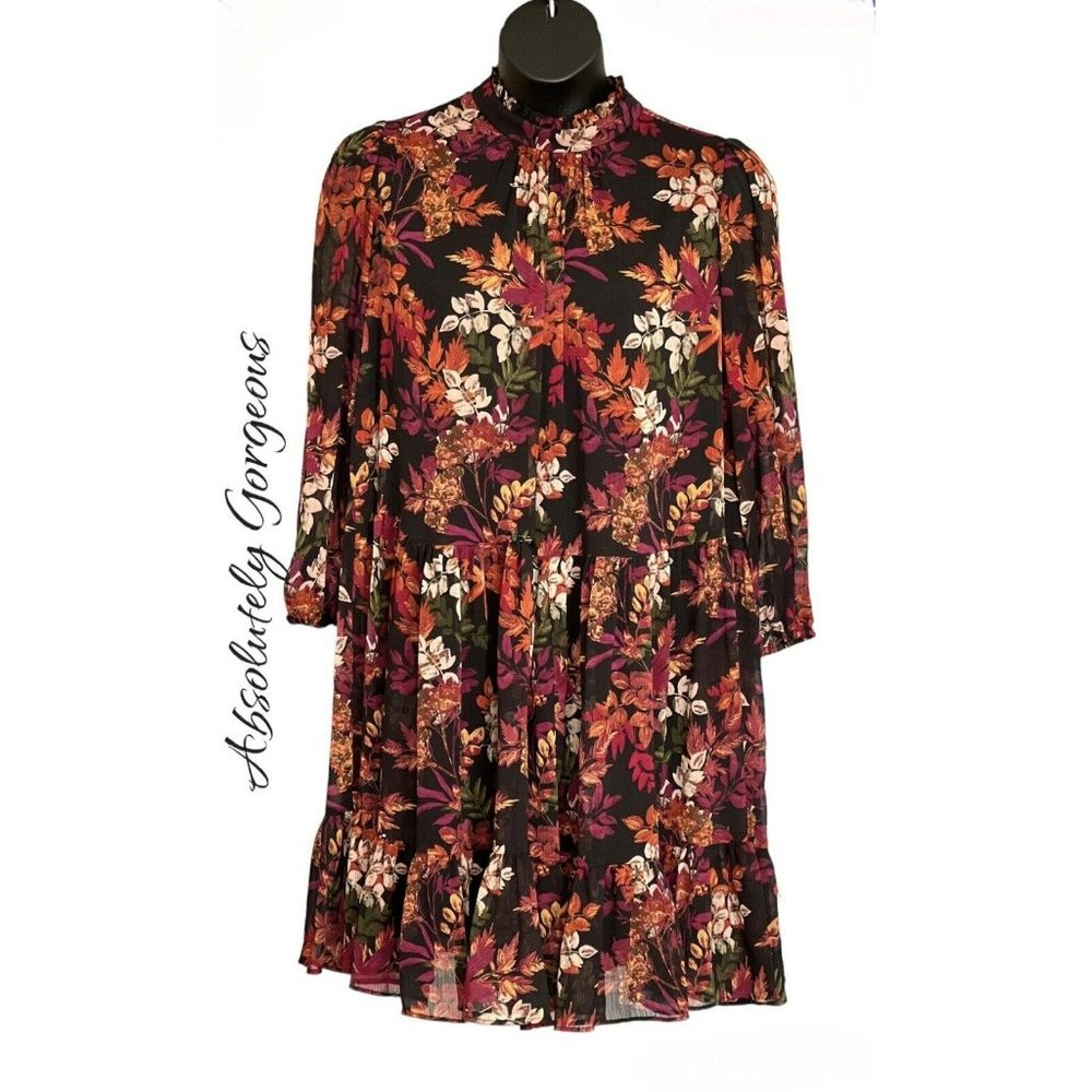 Maison Tara Black Chiffon XL Floral Mockneck Lined Long Sleeve Dress
